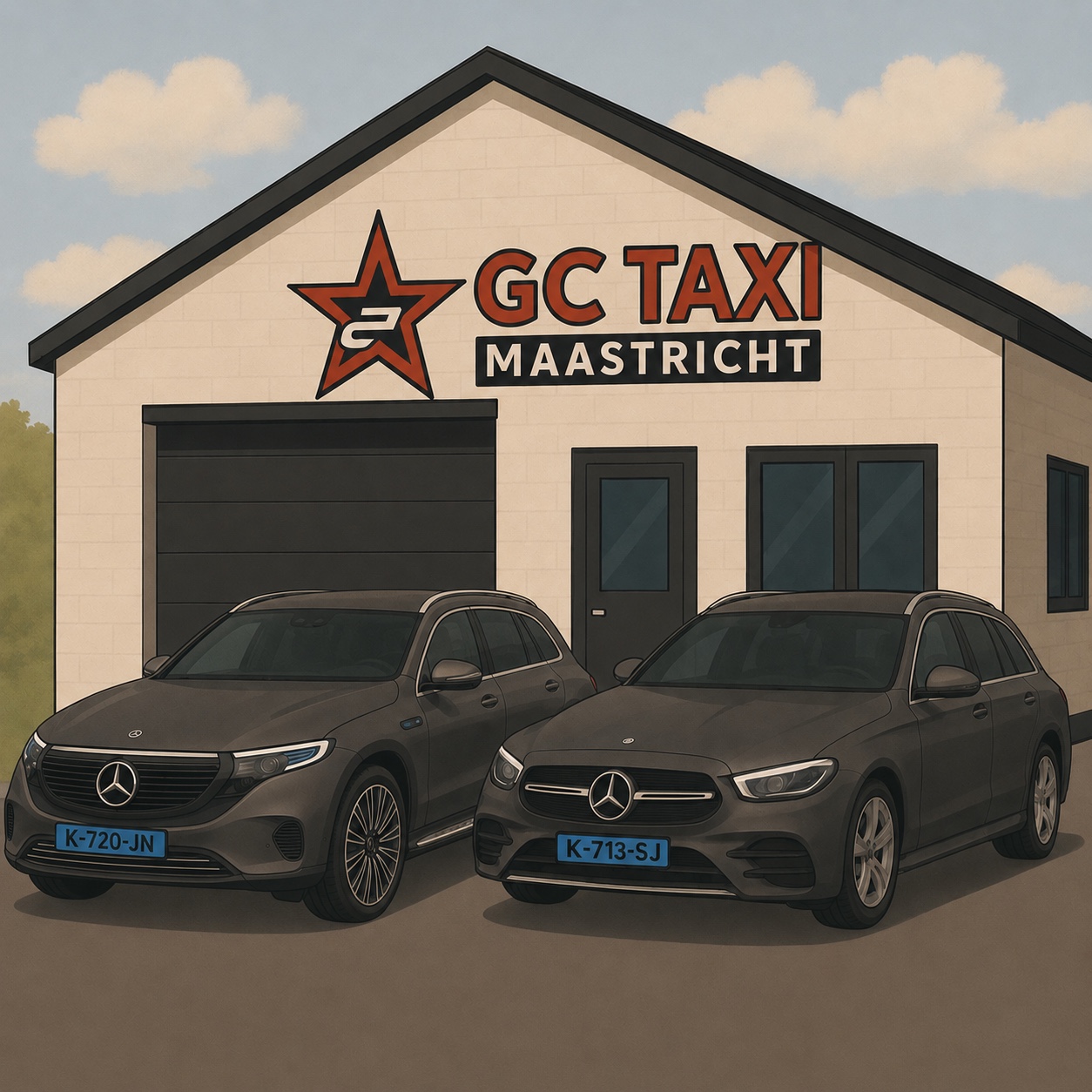 Illustratie van twee Mercedes-auto’s voor GC Taxi Maastricht